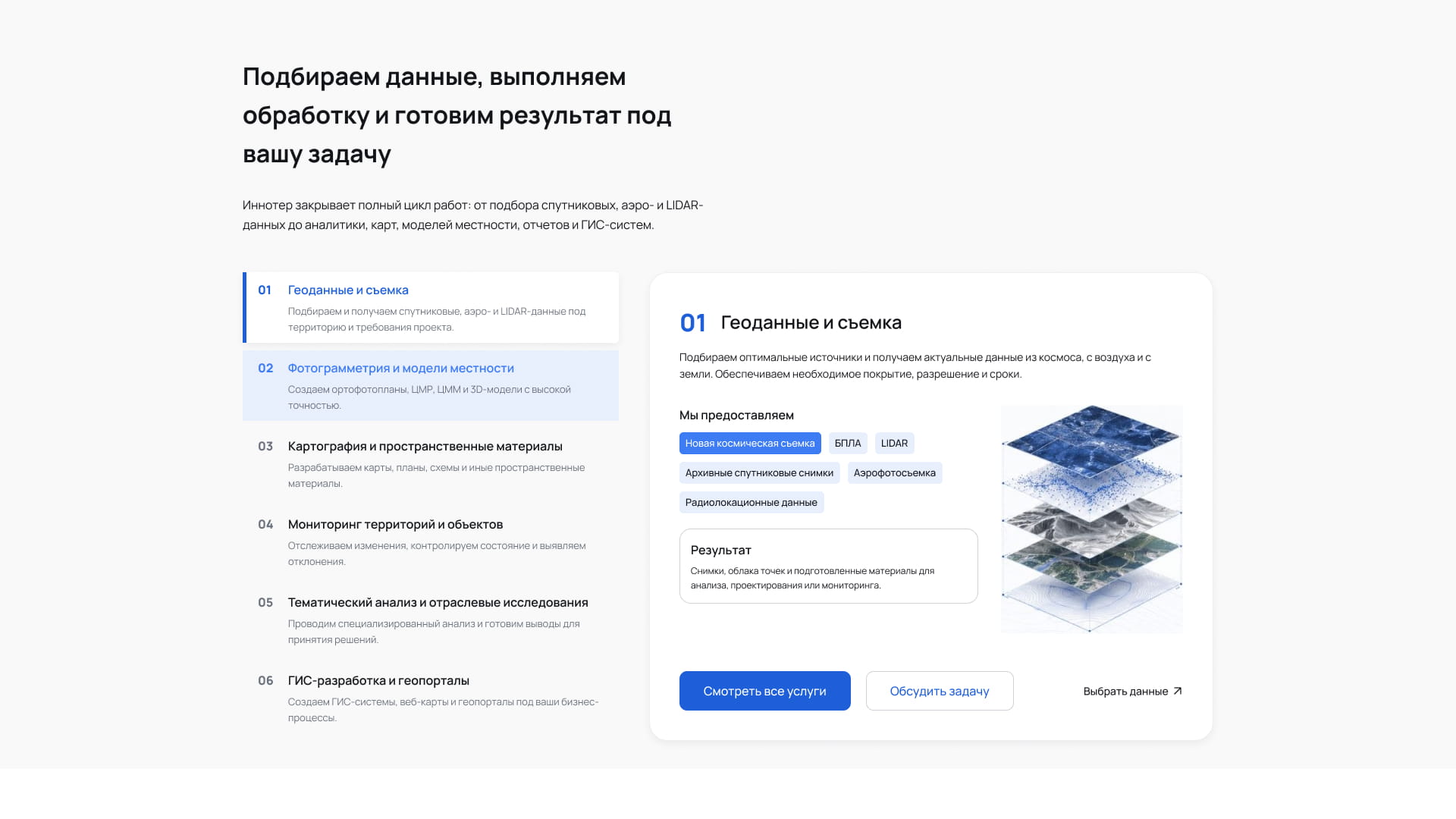 Блок главной страницы Innoter с направлениями работы и подробностями выбранной услуги