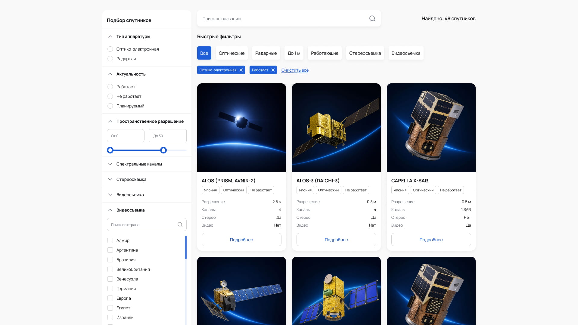 Каталог спутников Innoter: боковые и быстрые фильтры, выбранные параметры и карточки аппаратов с характеристиками